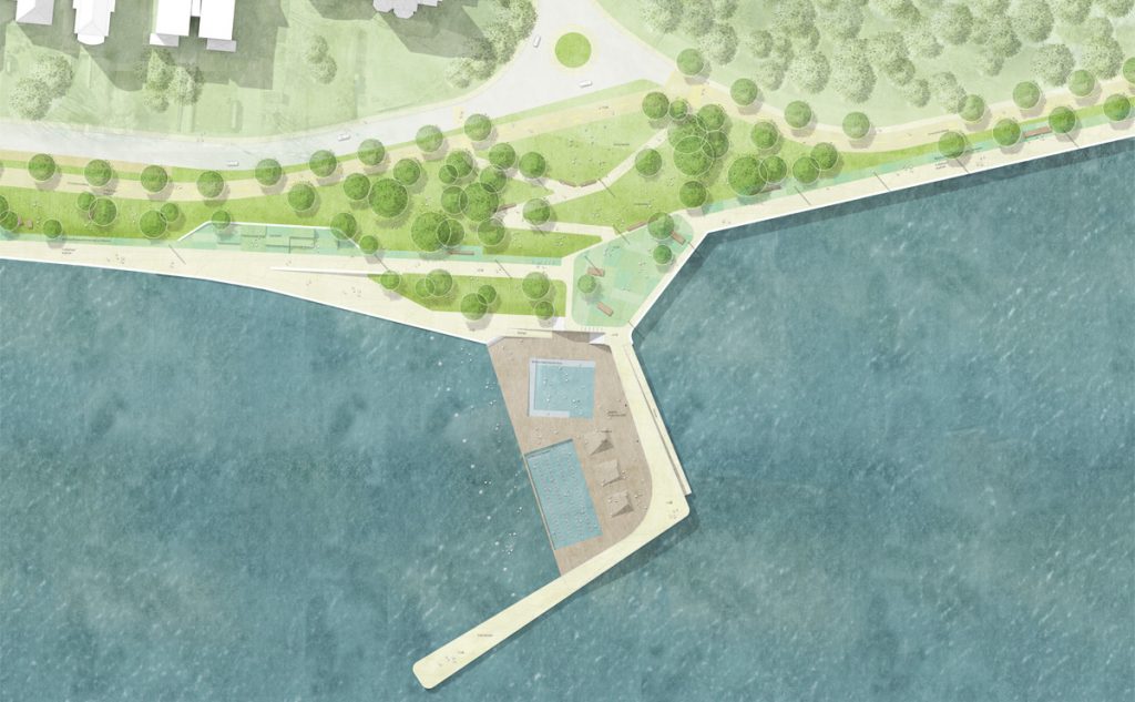 Abb.: Plan Bereich Bellevue des Gewinner*innenentwurfes des städtebaulichen und freiraumplanerischen Wettbewerbes zur Umgestaltung der Kiellinie. Variante ohne Autoverkehr auf der nördlichen Kiellinie. Studio RW Berlin, Studio Wessendorf Berlin, Plancontrol Berlin. Quelle: LH Kiel.