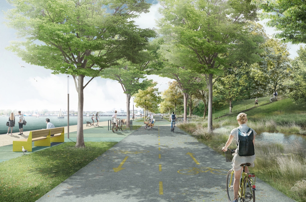 Abb.: Visualisierung des Gewinner*innenentwurfes des städtebaulichen und freiraumplanerischen Wettbewerbes zur Umgestaltung der Kiellinie. Variante ohne Autoverkehr auf der nördlichen Kiellinie. Studio RW Berlin, Studio Wessendorf Berlin, Plancontrol Berlin. Quelle: LH Kiel.